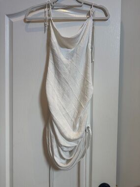 JLUXLABEL Cream Cowl Neck Mini Dress with Side Drape